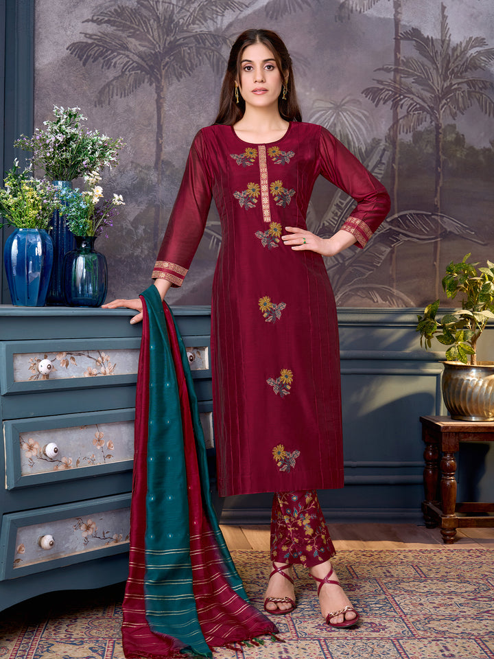 Crimson Chanderi Suit Set with Dupatta