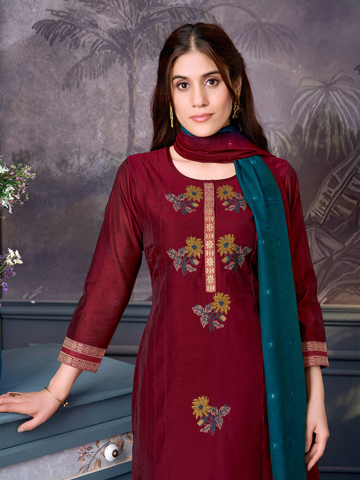 Crimson Chanderi Suit Set with Dupatta