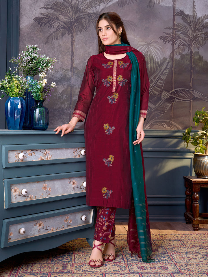 Crimson Chanderi Suit Set with Dupatta