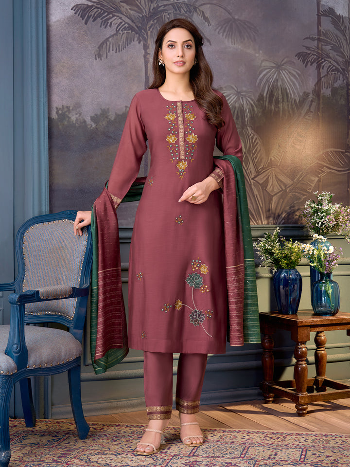 Dusky Maroon Chanderi Suit Set with Dupatta