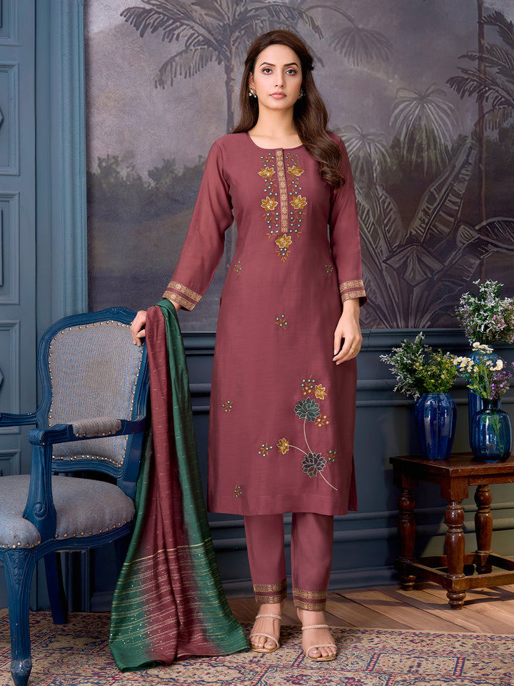 Dusky Maroon Chanderi Suit Set with Dupatta
