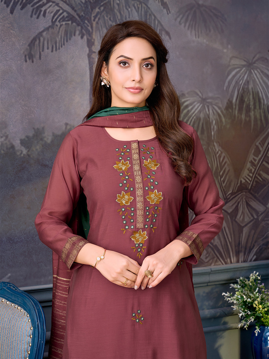 Dusky Maroon Chanderi Suit Set with Dupatta