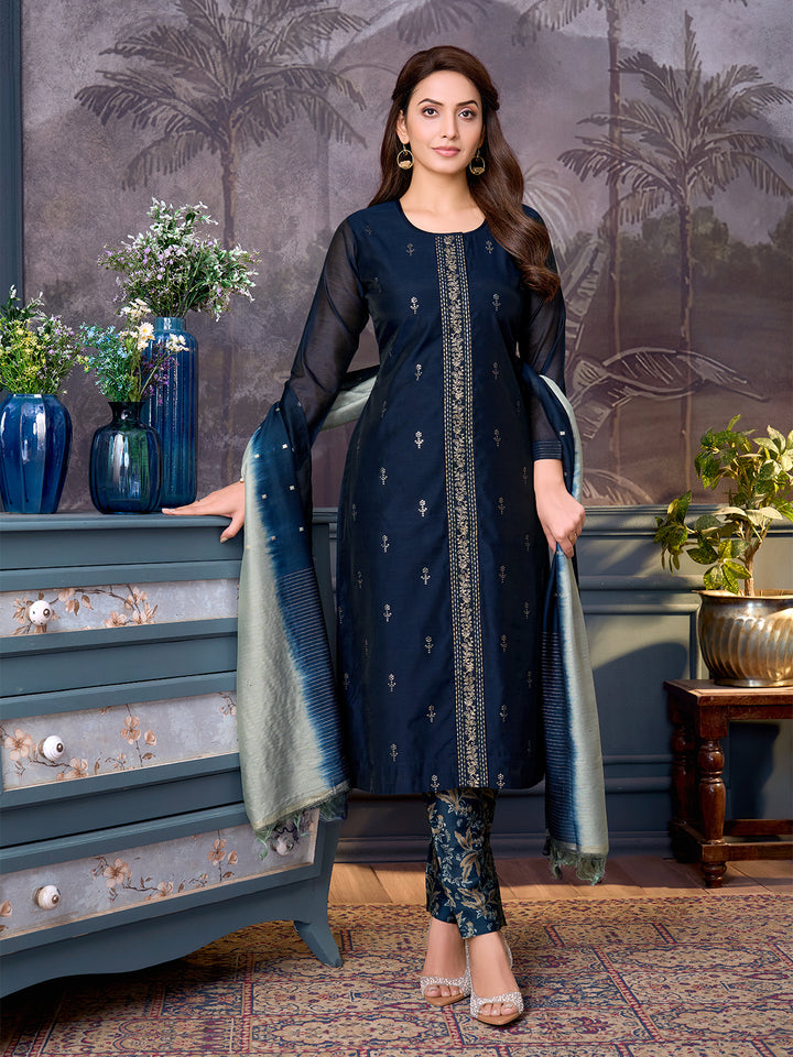 Midnight Blue Chanderi Suit Set with Dupatta