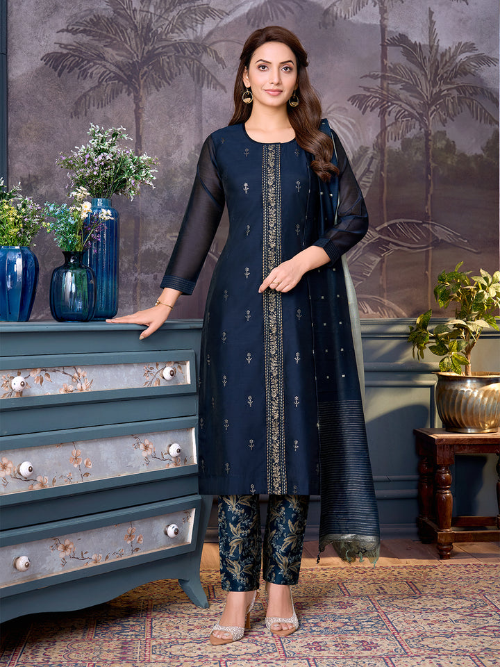 Midnight Blue Chanderi Suit Set with Dupatta