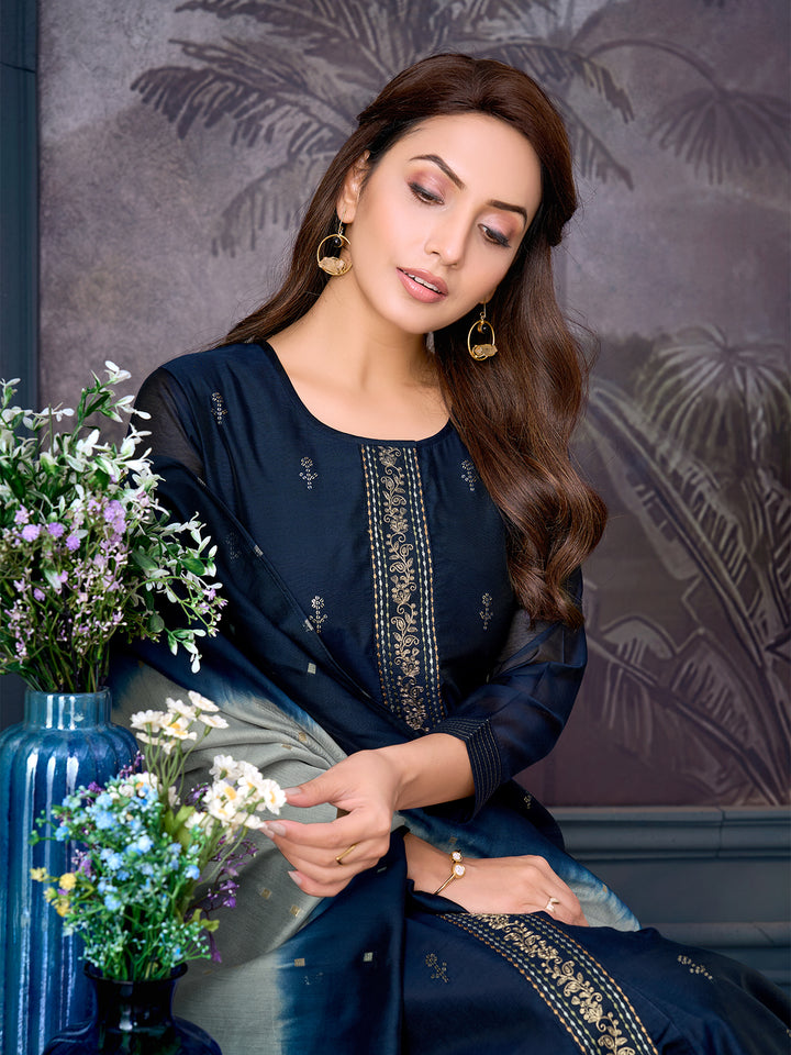 Midnight Blue Chanderi Suit Set with Dupatta