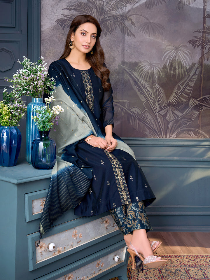 Midnight Blue Chanderi Suit Set with Dupatta