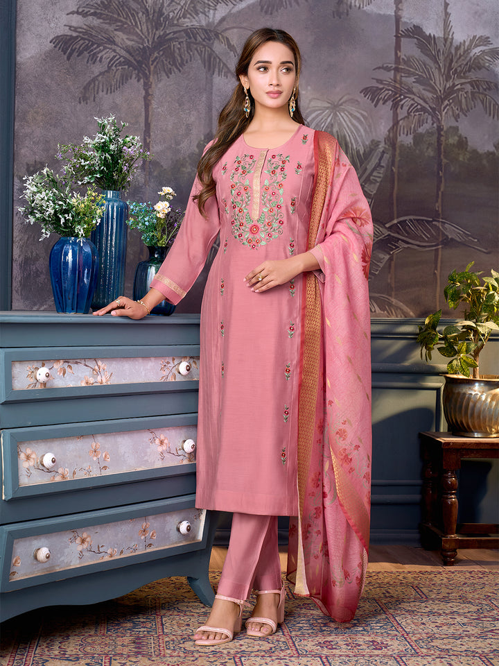 Dusky Rose Chanderi Suit Set with Dupatta