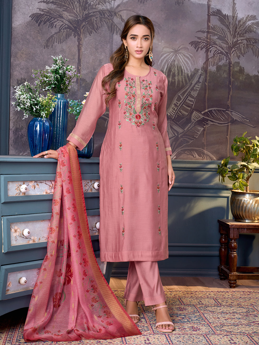 Dusky Rose Chanderi Suit Set with Dupatta
