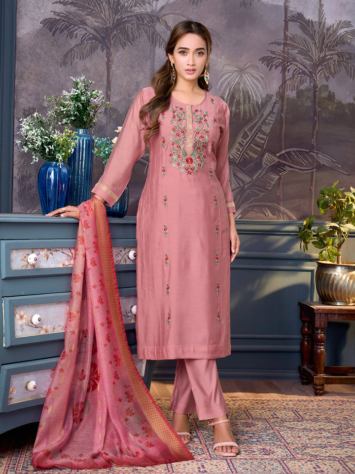 Dusky Rose Chanderi Suit Set with Dupatta