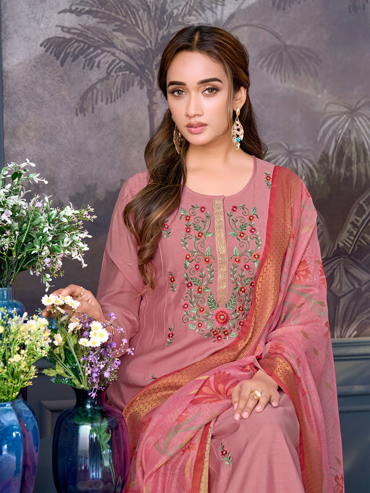 Dusky Rose Chanderi Suit Set with Dupatta
