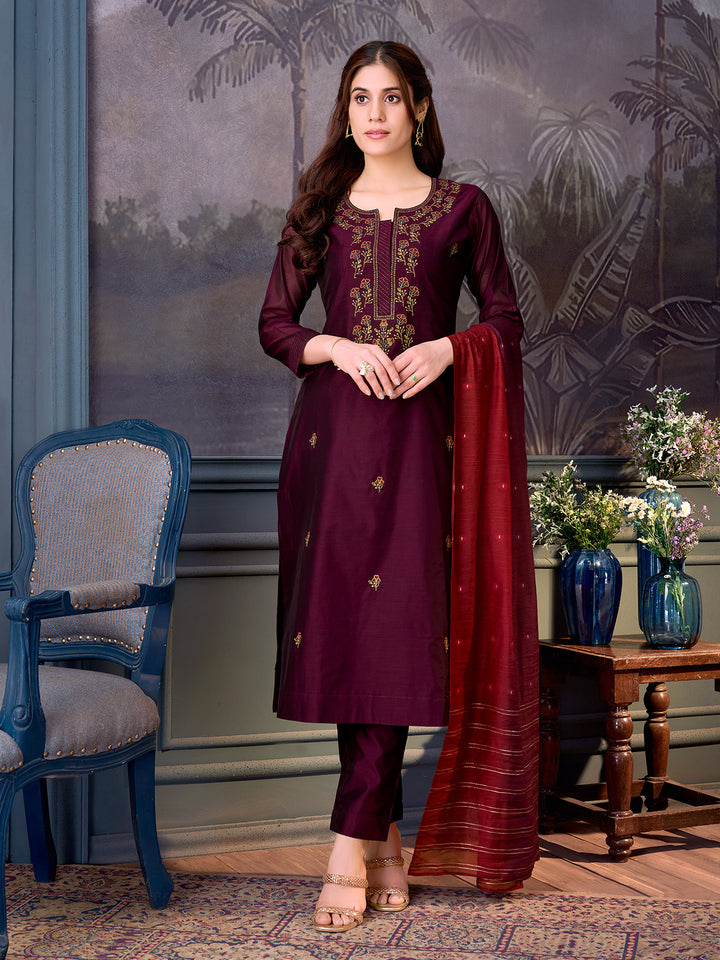 Deep Wine Chanderi Suit Set with Dupatta