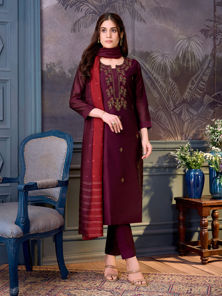Deep Wine Chanderi Suit Set with Dupatta