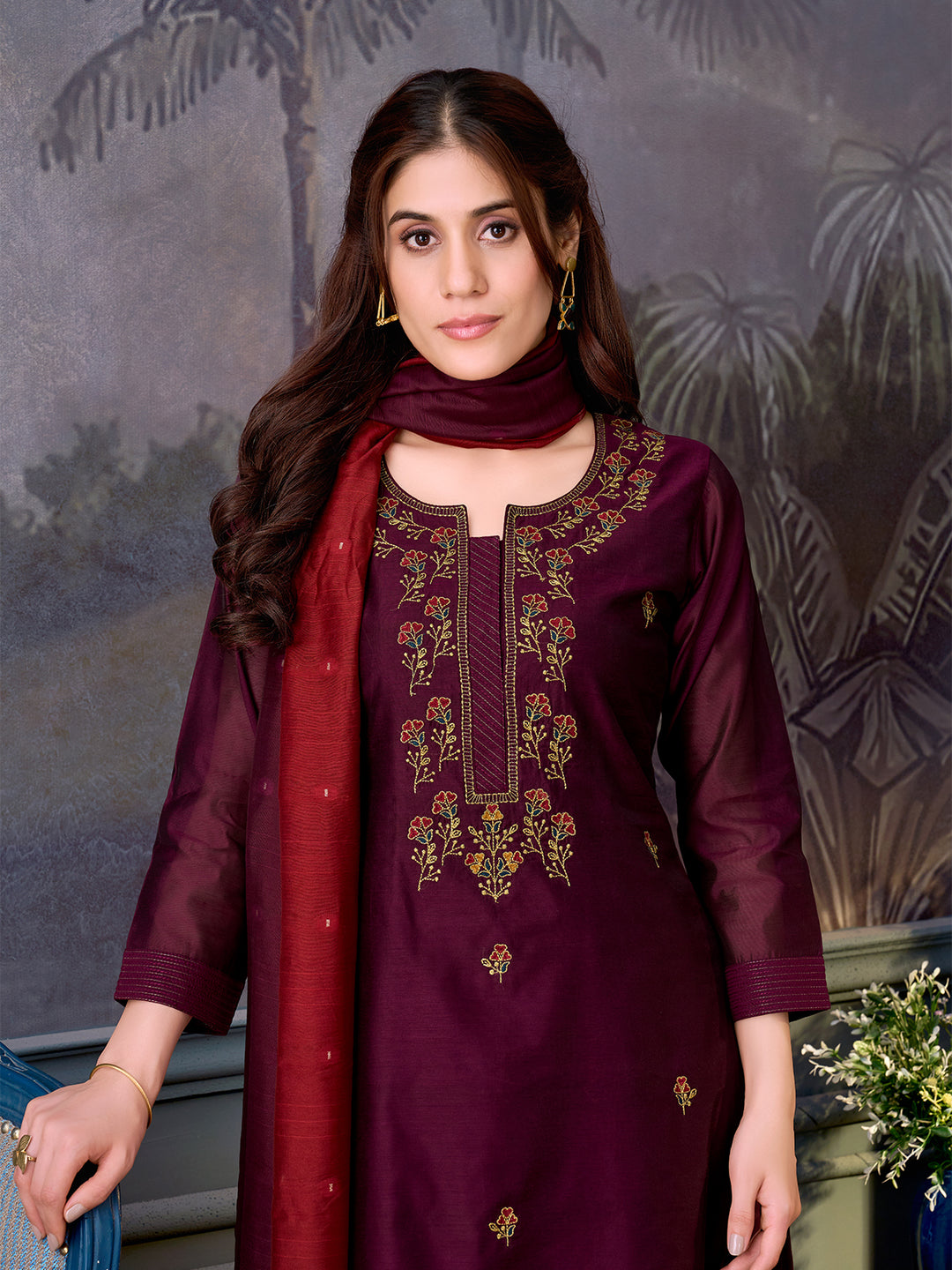Deep Wine Chanderi Suit Set with Dupatta