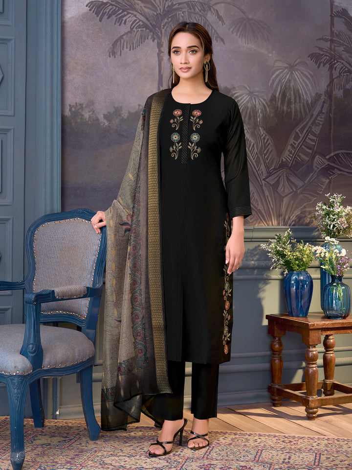 Black Chanderi Suit Set with Dupatta