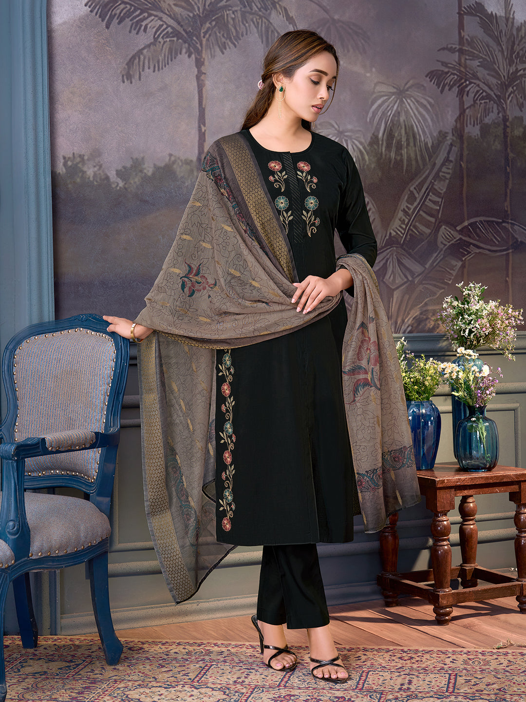 Black Chanderi Suit Set with Dupatta