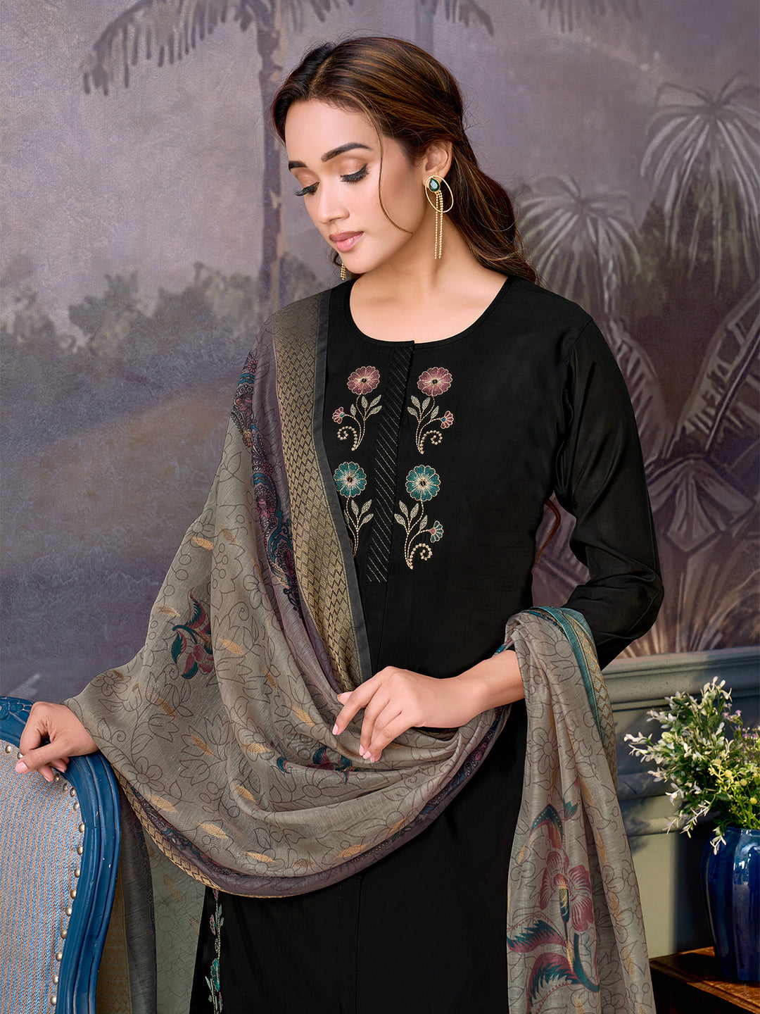 Black Chanderi Suit Set with Dupatta