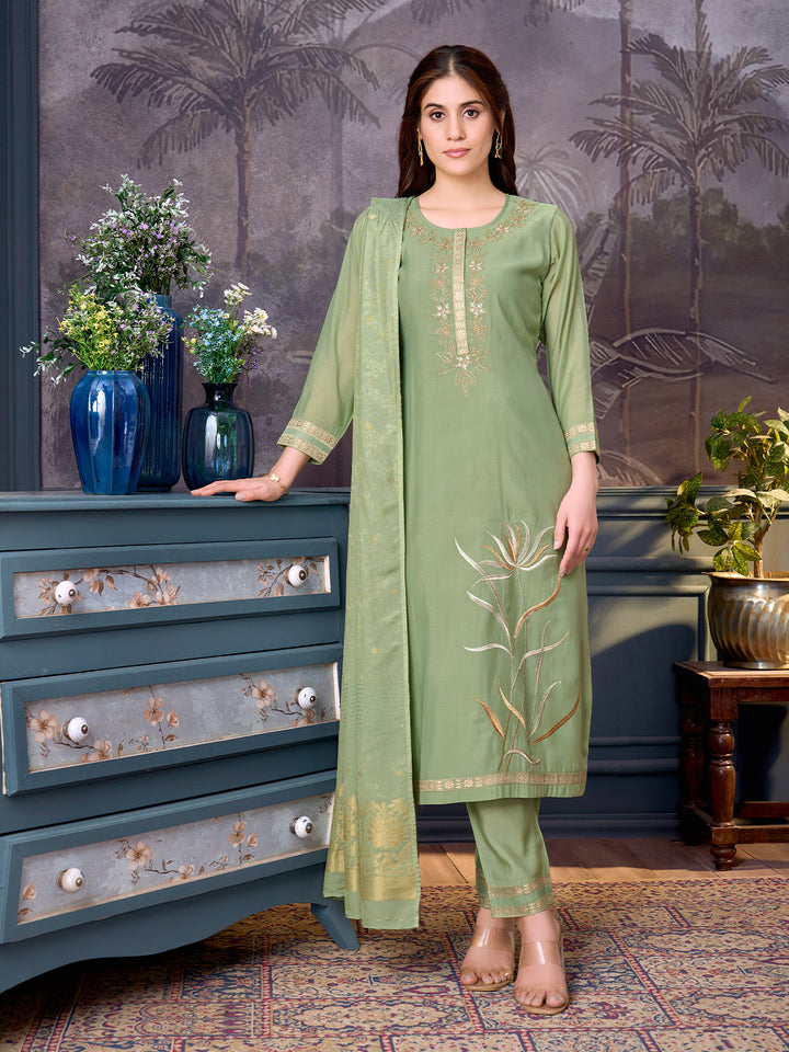Sage Green Chanderi Suit Set with Dupatta