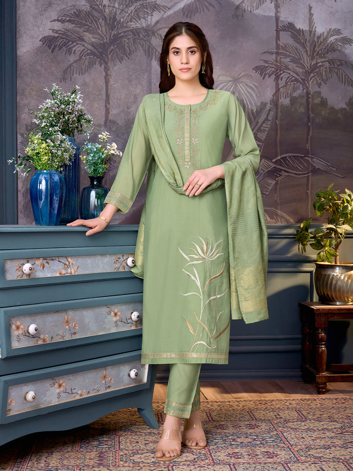 Sage Green Chanderi Suit Set with Dupatta