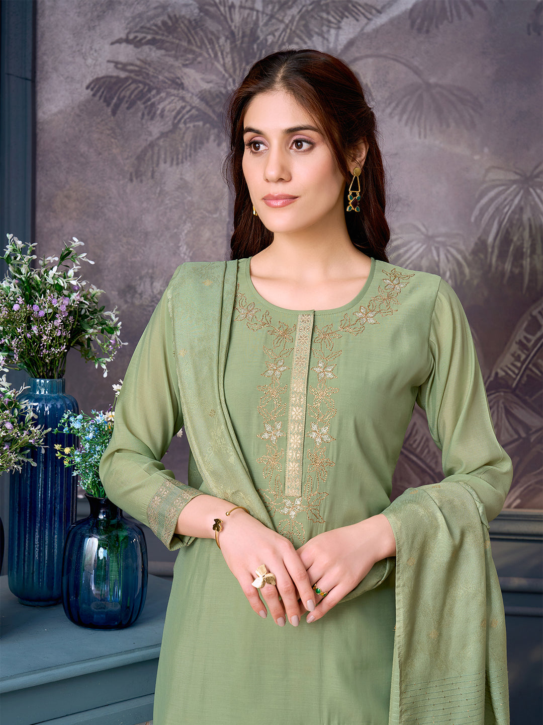 Sage Green Chanderi Suit Set with Dupatta