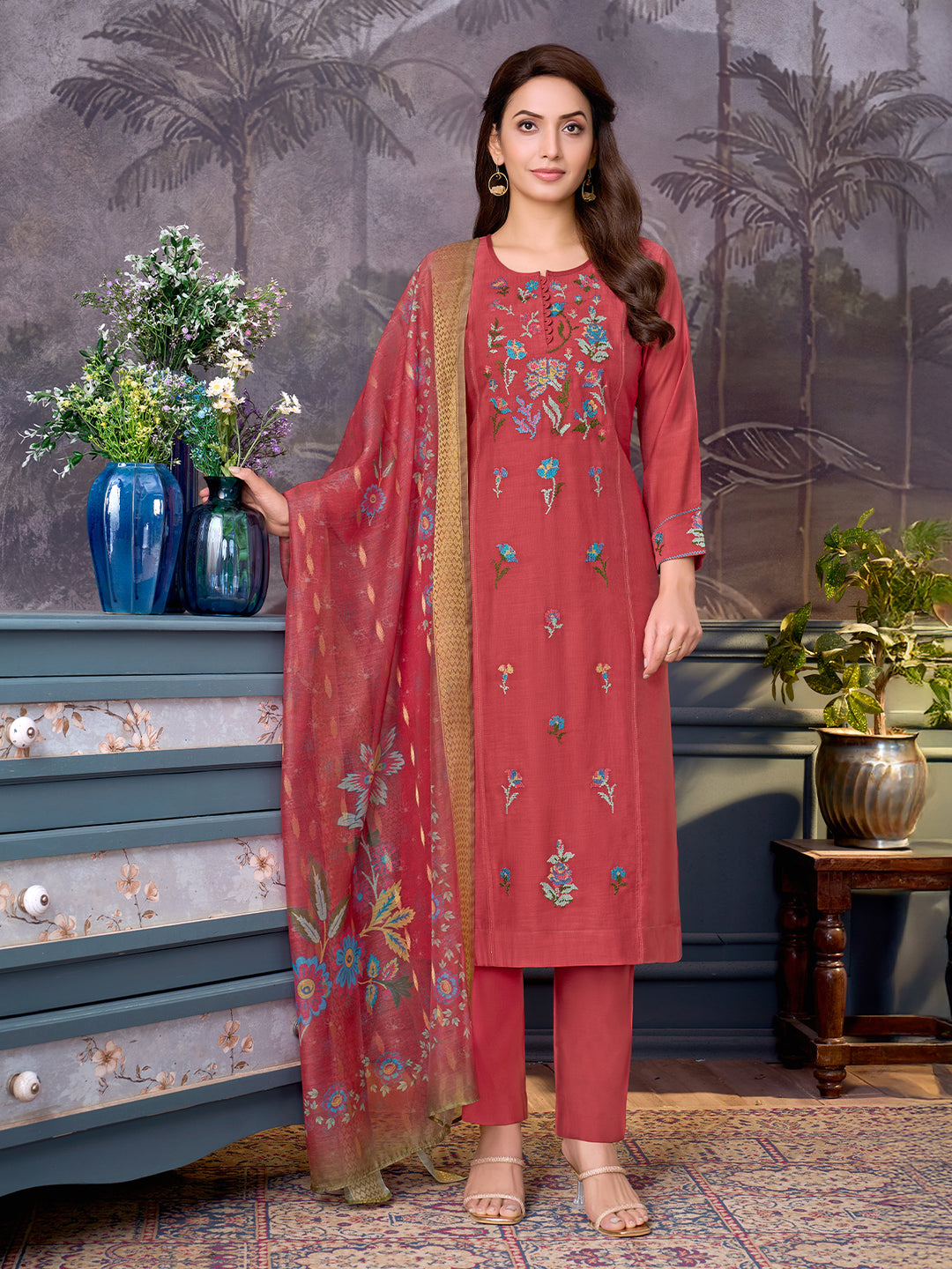 Coral Chanderi Suit Set with Dupatta