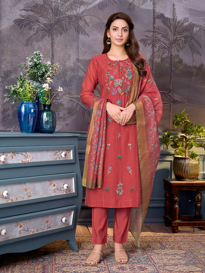 Coral Chanderi Suit Set with Dupatta