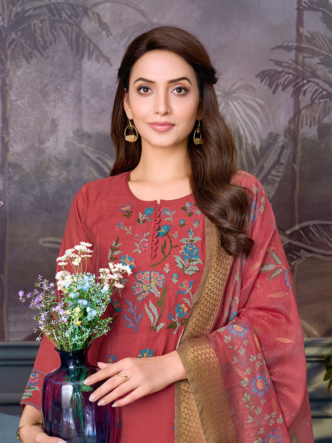 Coral Chanderi Suit Set with Dupatta