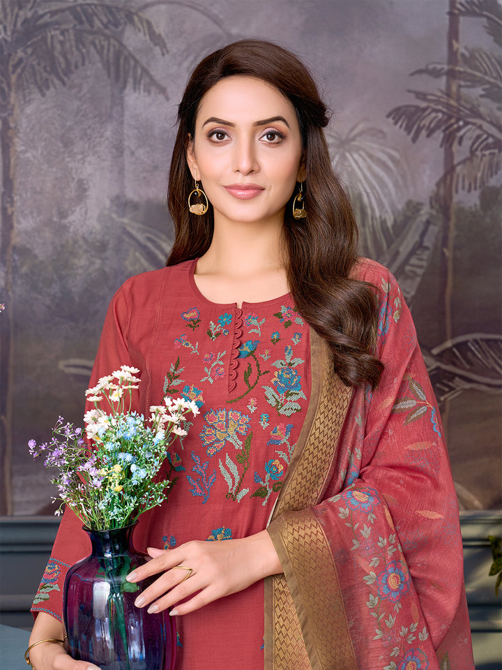 Coral Chanderi Suit Set with Dupatta