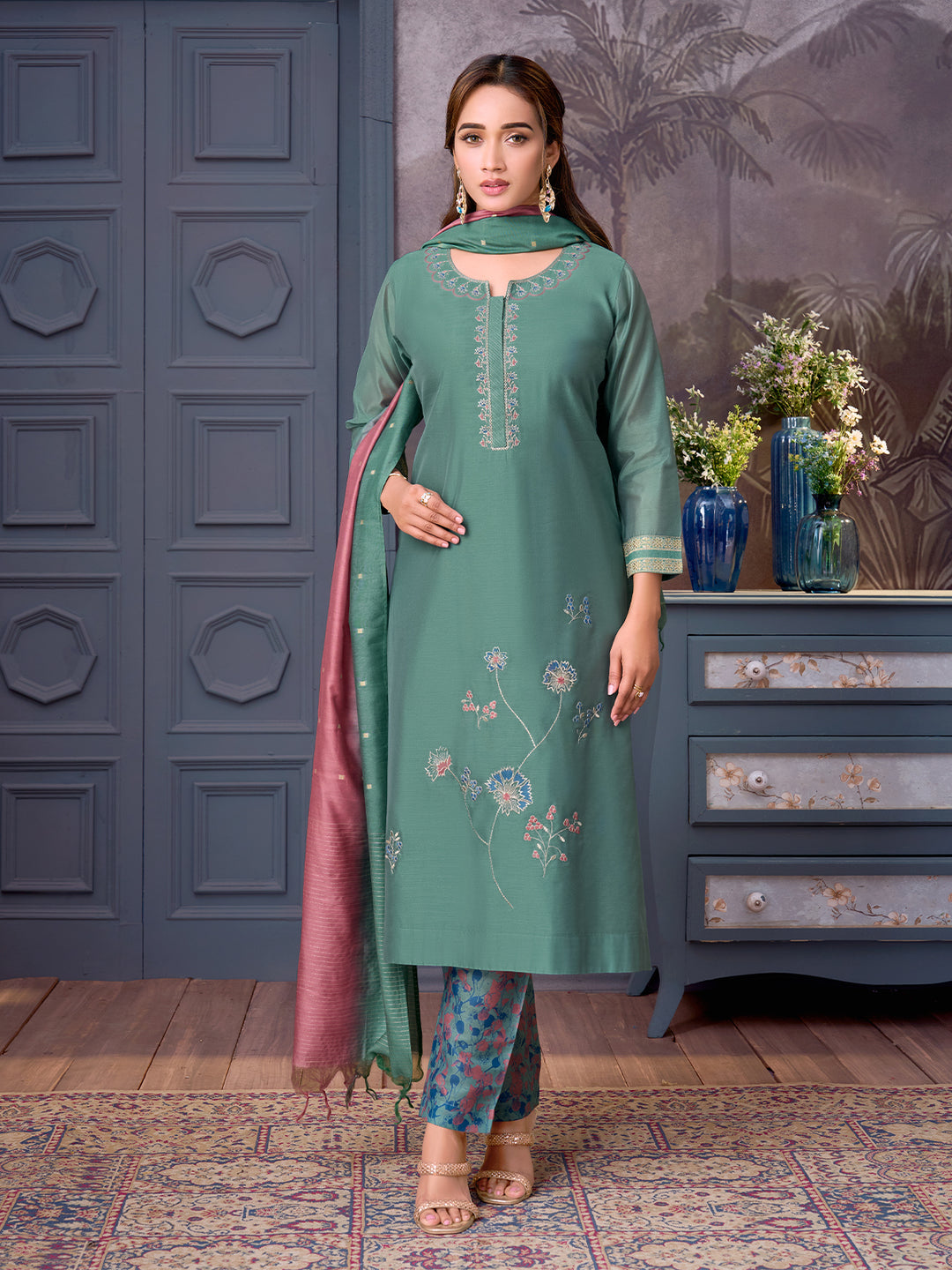 Jade Green Chanderi Suit Set with Dupatta