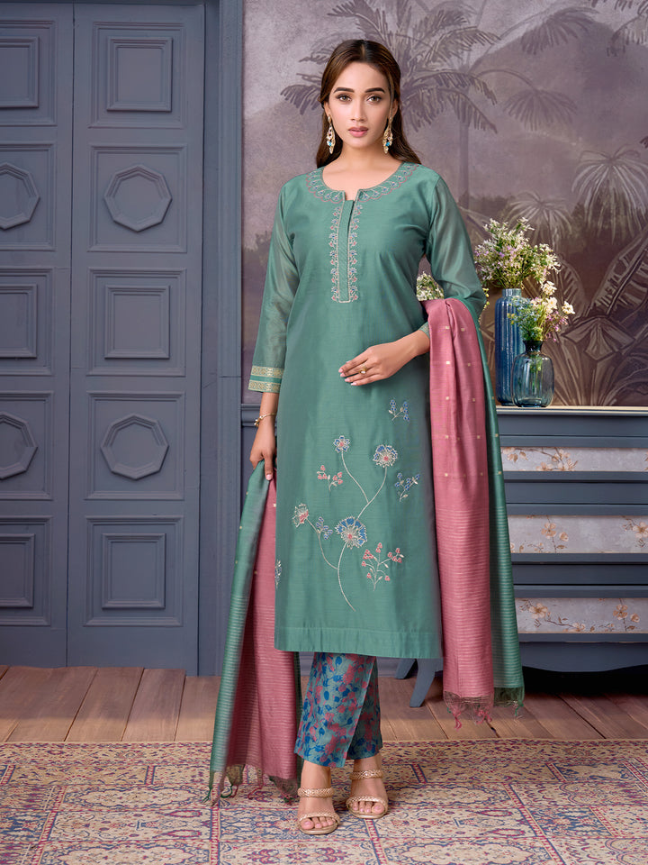 Jade Green Chanderi Suit Set with Dupatta