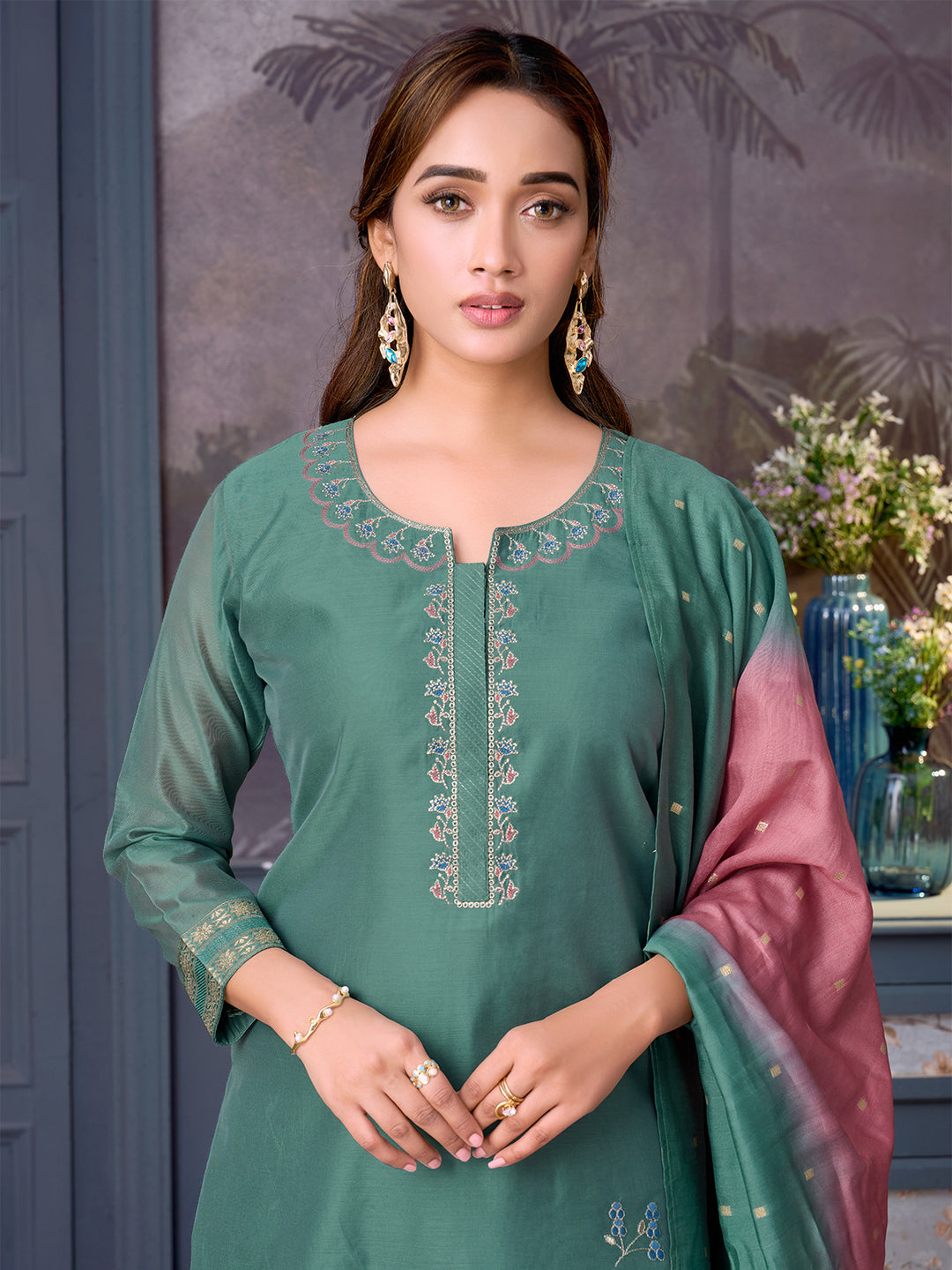 Jade Green Chanderi Suit Set with Dupatta