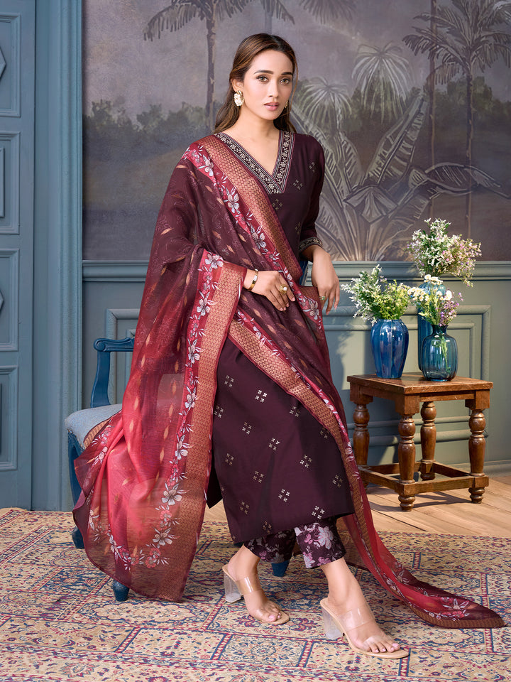 Wine Chanderi Suit Set with Dupatta