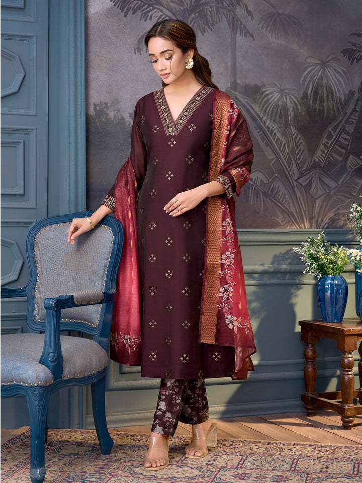 Wine Chanderi Suit Set with Dupatta