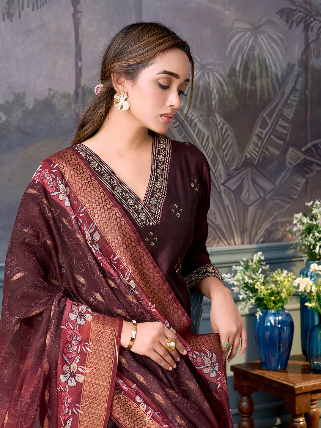 Wine Chanderi Suit Set with Dupatta
