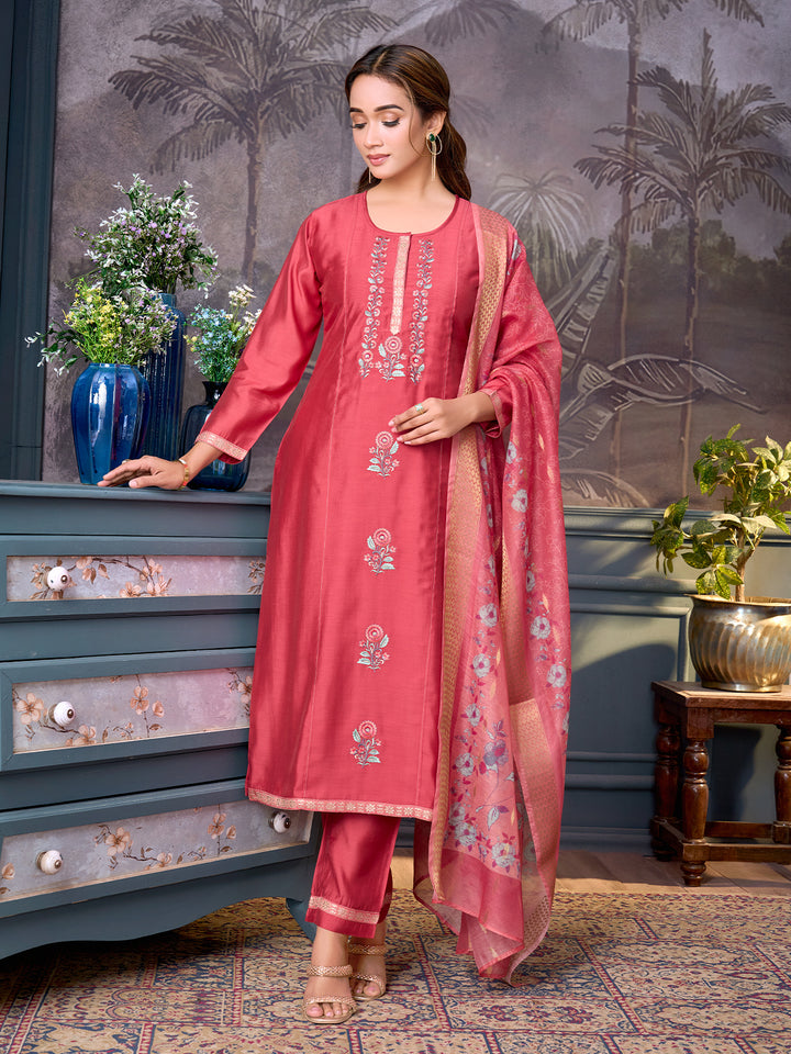 Rose Pink Chanderi Suit Set with Dupatta
