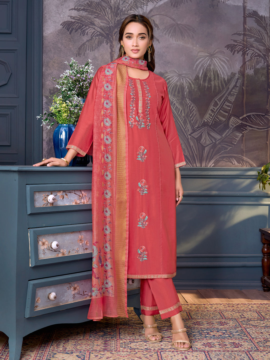 Rose Pink Chanderi Suit Set with Dupatta