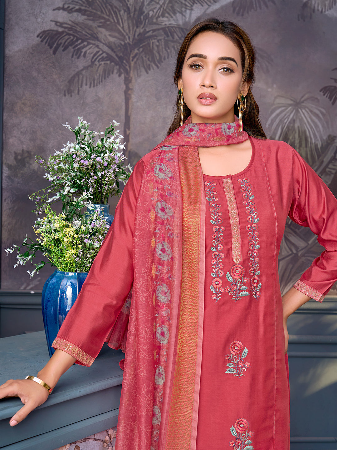 Rose Pink Chanderi Suit Set with Dupatta