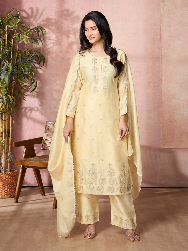 Yellow Semi-Silk Suit Set with Dupatta