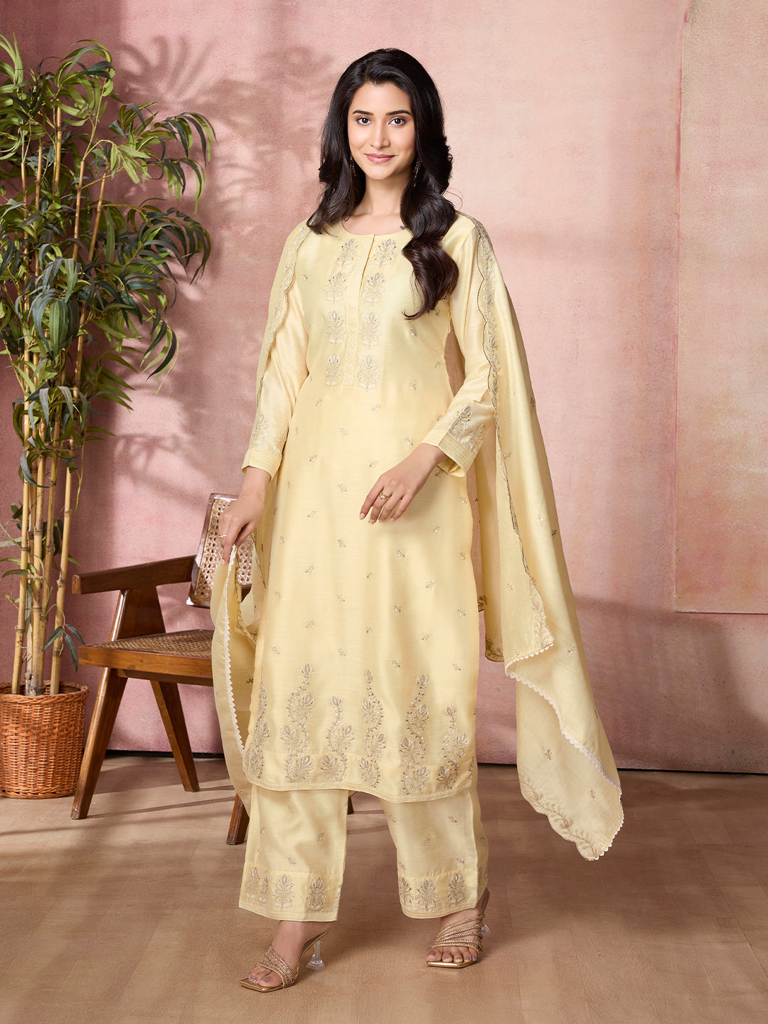 Yellow Semi-Silk Suit Set with Dupatta