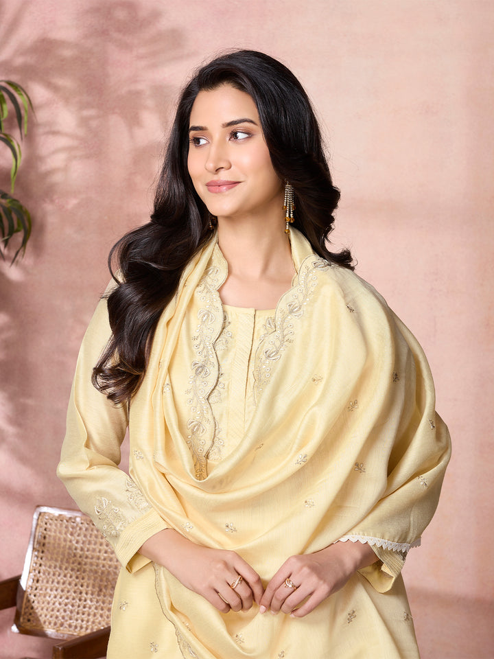 Yellow Semi-Silk Suit Set with Dupatta