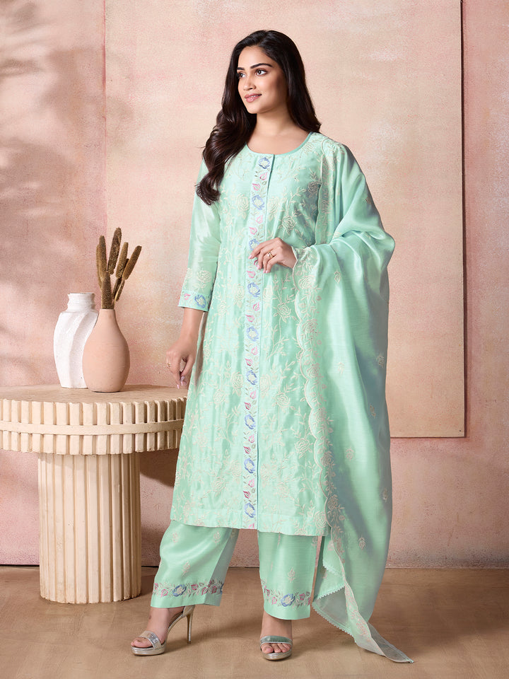 Aqua Blue Semi-Silk Suit Set with Dupatta