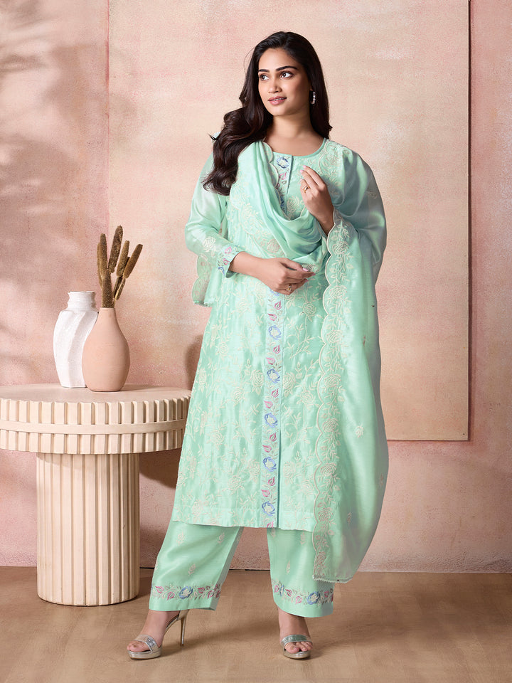 Aqua Blue Semi-Silk Suit Set with Dupatta