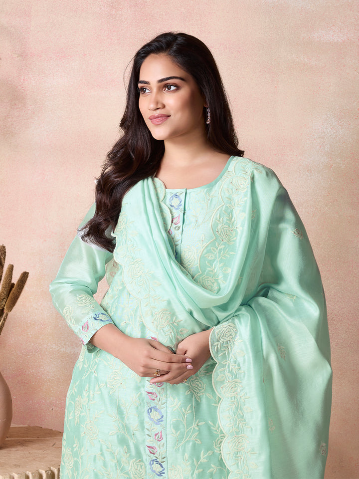 Aqua Blue Semi-Silk Suit Set with Dupatta