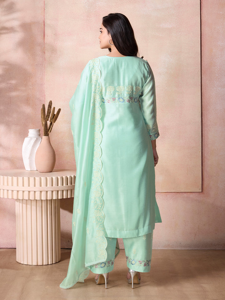 Aqua Blue Semi-Silk Suit Set with Dupatta