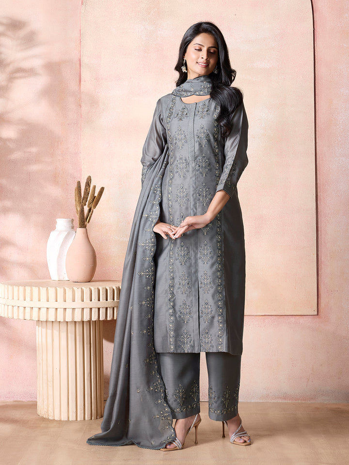 Carcoal Grey Semi-Silk Suit Set with Dupatta