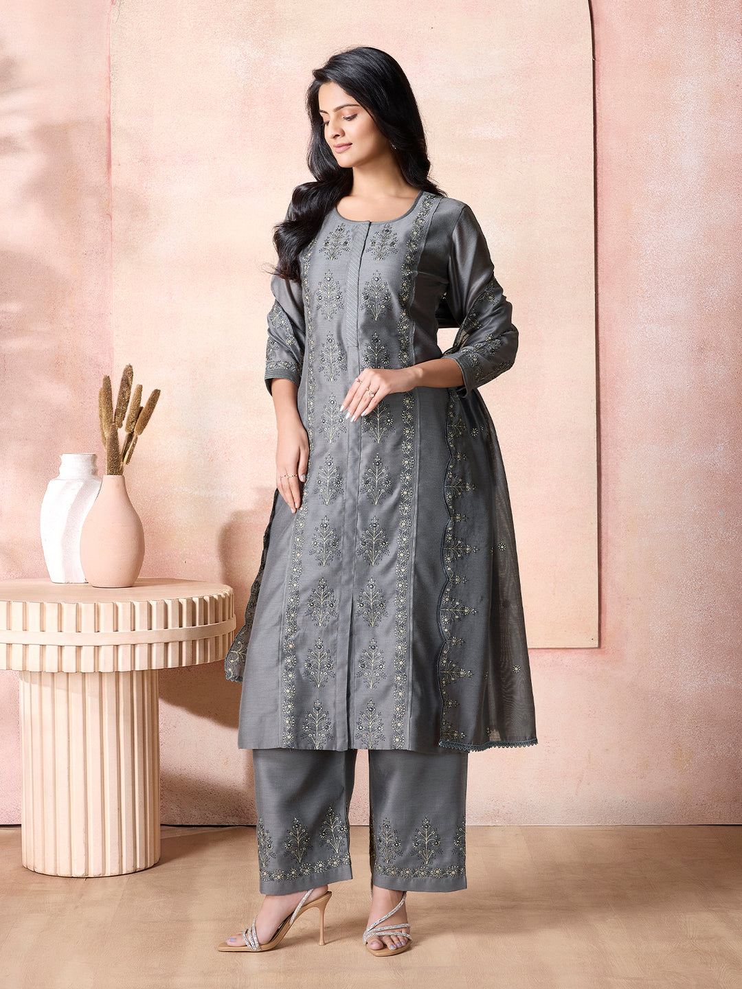 Carcoal Grey Semi-Silk Suit Set with Dupatta
