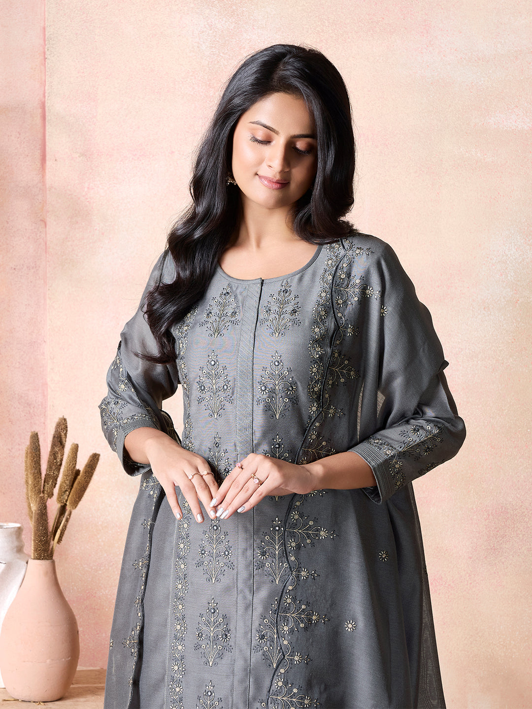 Carcoal Grey Semi-Silk Suit Set with Dupatta