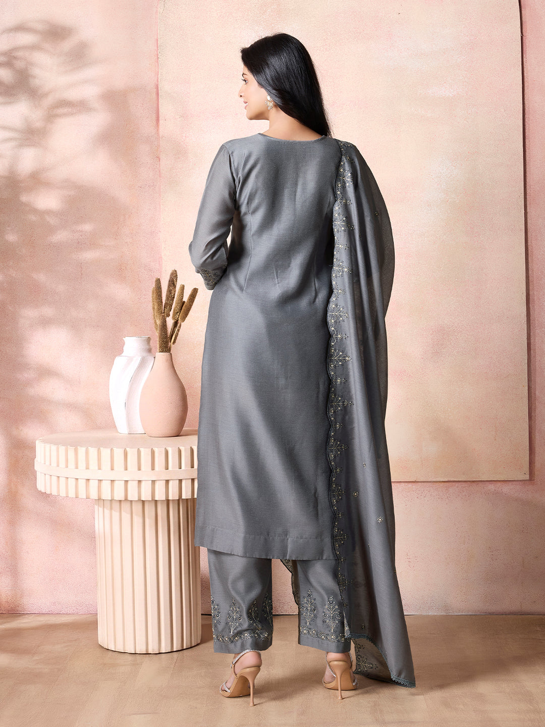 Carcoal Grey Semi-Silk Suit Set with Dupatta