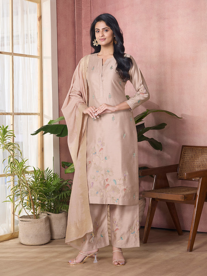 Soft Beige Semi-Silk Suit Set with Dupatta