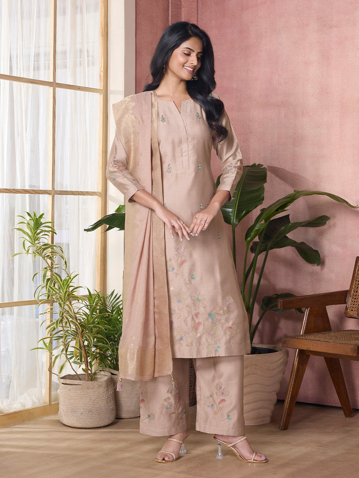 Soft Beige Semi-Silk Suit Set with Dupatta