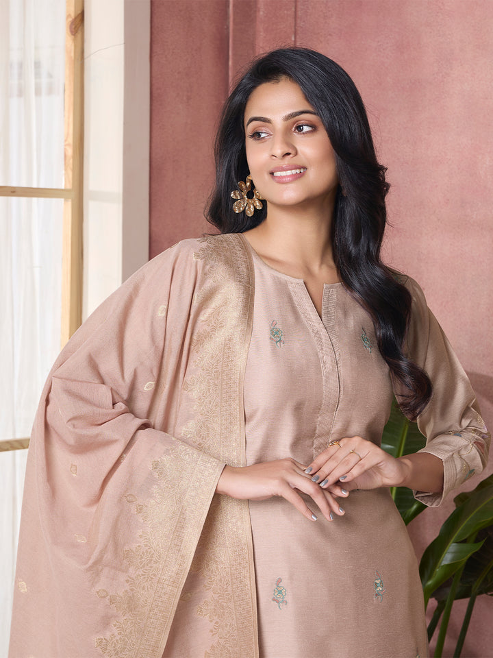 Soft Beige Semi-Silk Suit Set with Dupatta